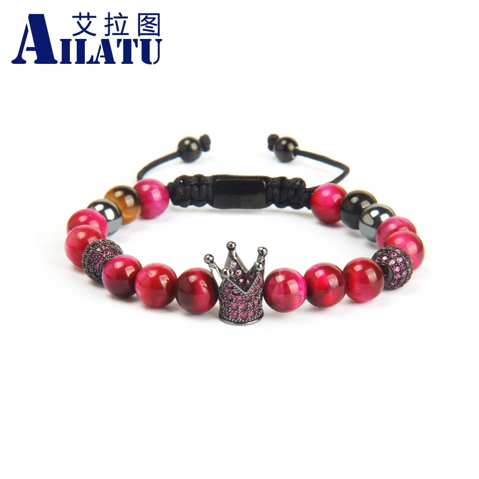Ailatu 10 teile/los Neue Paare Crown Sets Armband Grün &amp; Rose Natürliche Tigerauge Stein Perlen Gewinde Welle Macrame Schmuck