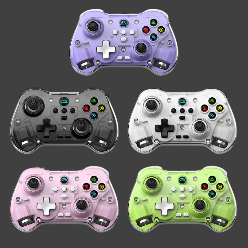 Five colorful gaming controllers on a white background