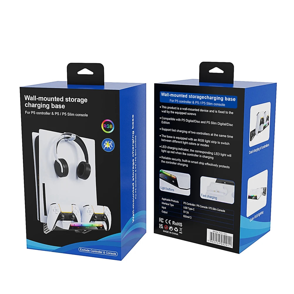 Shelf Floating Mount with Dual Controller Charger RGB Light Wall Stand W/ Headset Holder for PS5/PS5 Slim Disc & Digital Console
