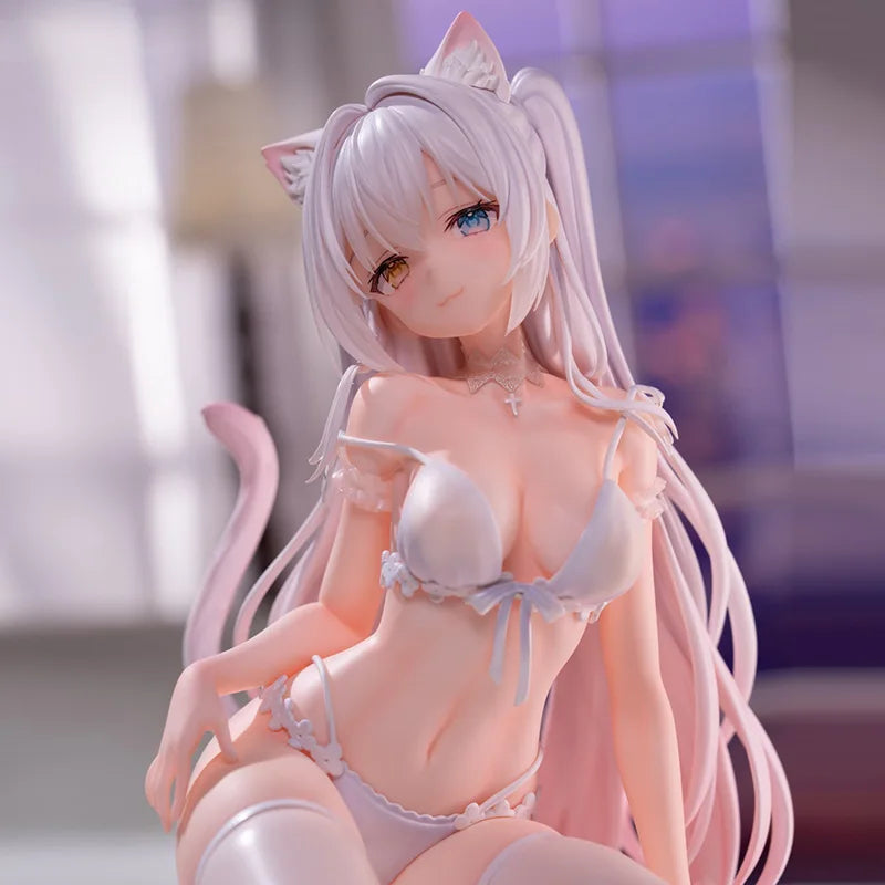 Anime Cat Girl Hanna Figure Original Art White Hair Pajamas Pvc Figurine Desktop Computer Case Decoration Anime Collectors