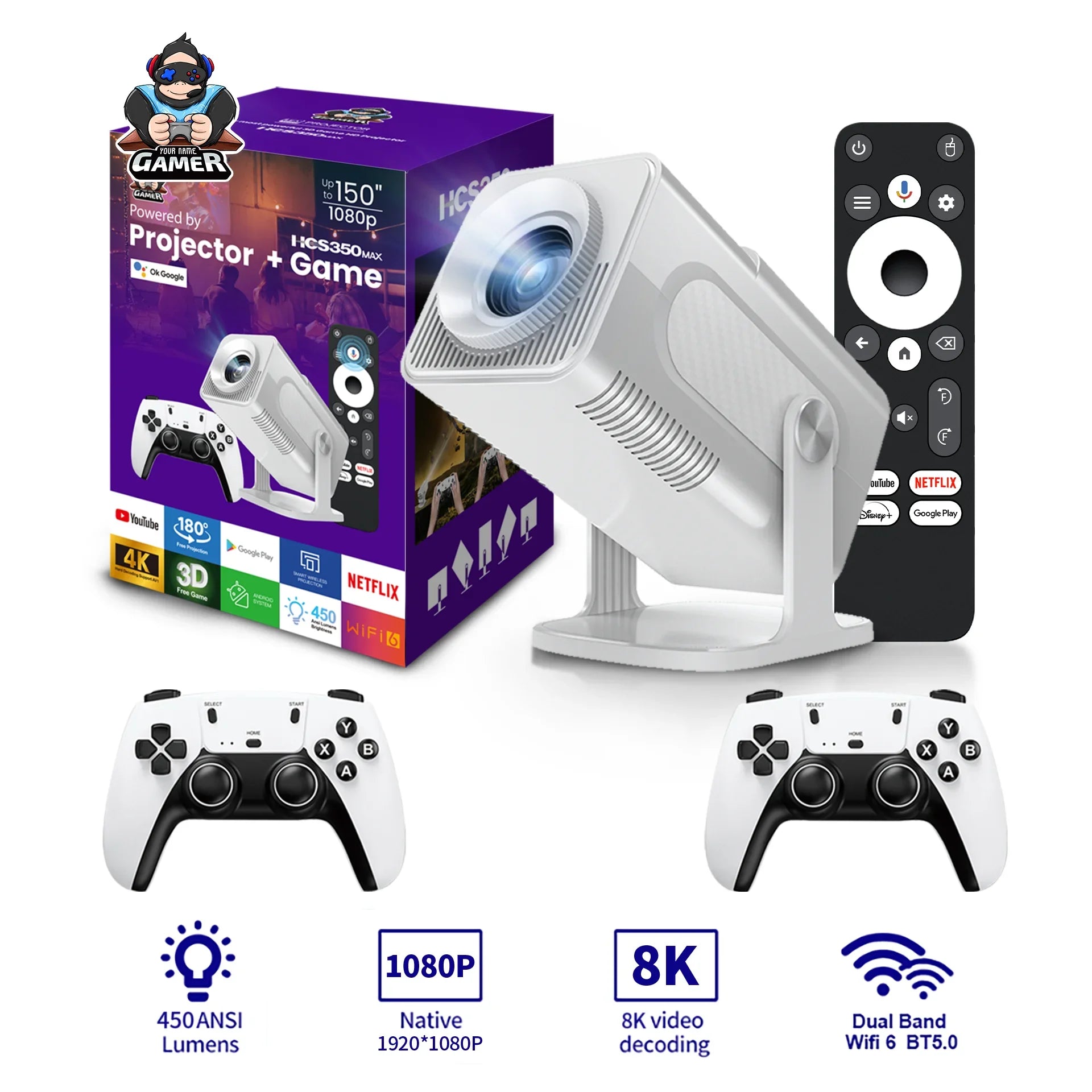 NEU HCS350 MAX Tragbare HD-Video-Retro-Spielkonsolen 10000 Android 11 LCD-Projektor Video Wifi Wireless Gamepad 3D-Heimkino