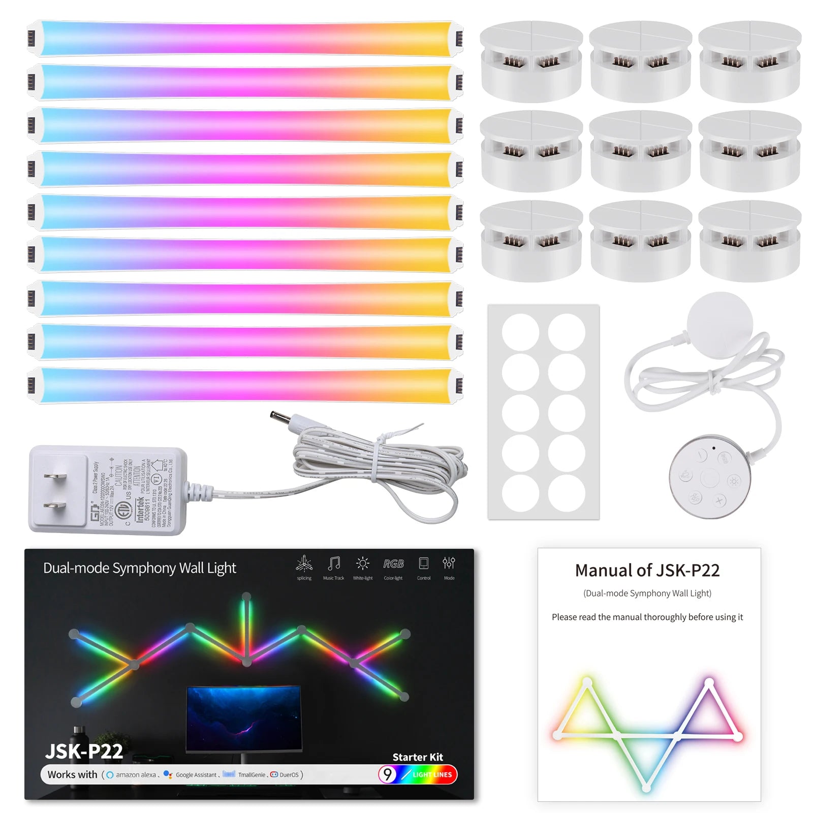 Smart RGB LED Wall Light Lines, Dimmable DIY Wall Gaming Light Music Sync for Gaming Room, Living Room (9 Pcs Black or White)