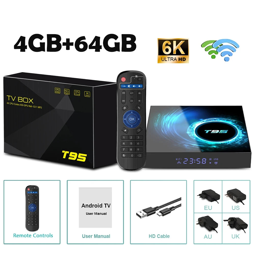 Smart TV Box Android 14 T95 6K Allwinnerh616 Media Player Dual WiFi Bluetooth 5.4 with Remote Support Google Voice Set Top Box