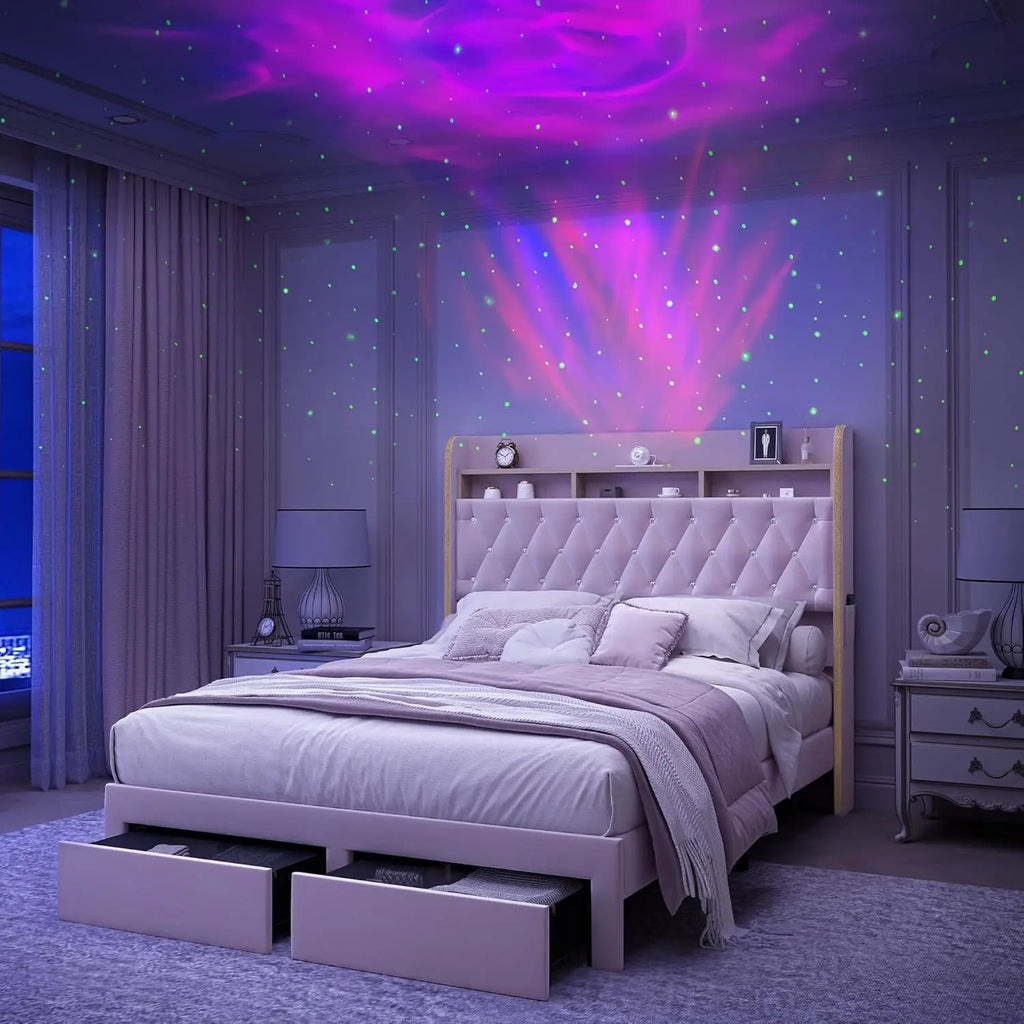 Queen-Bettrahmen mit LED-Beleuchtung, Stauraum, Sternenprojektor, Ladestation, 2-stufigem Kopfteil, PU-Lederbett