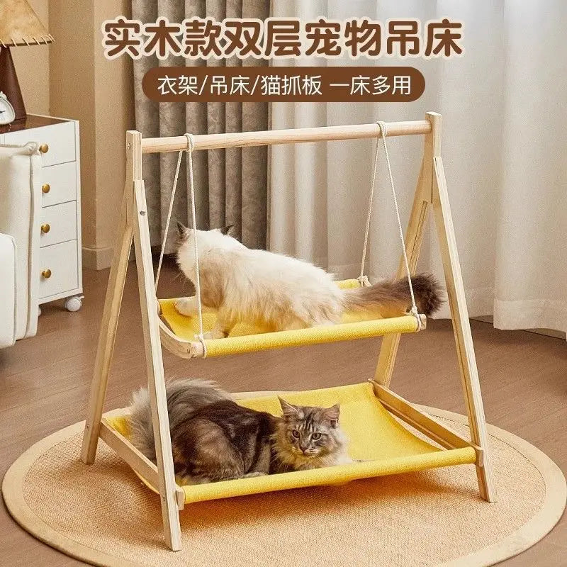 Cat double hammock pet bed cradle small bed cat swing cat nest upper and lower solid wood hammock universal in all seasons