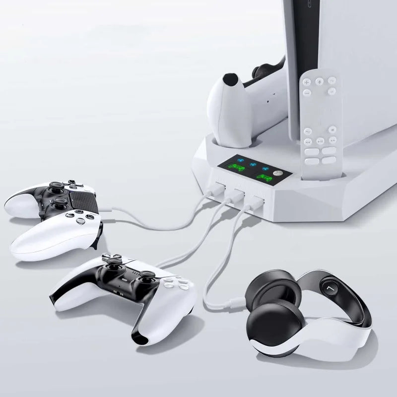 For PS5/PS5 Slim/PS5 Pro Stand with Headphone Hook Cooling Stand & Controller Charging Station for PS5 with 3 Levels Cooling Fan