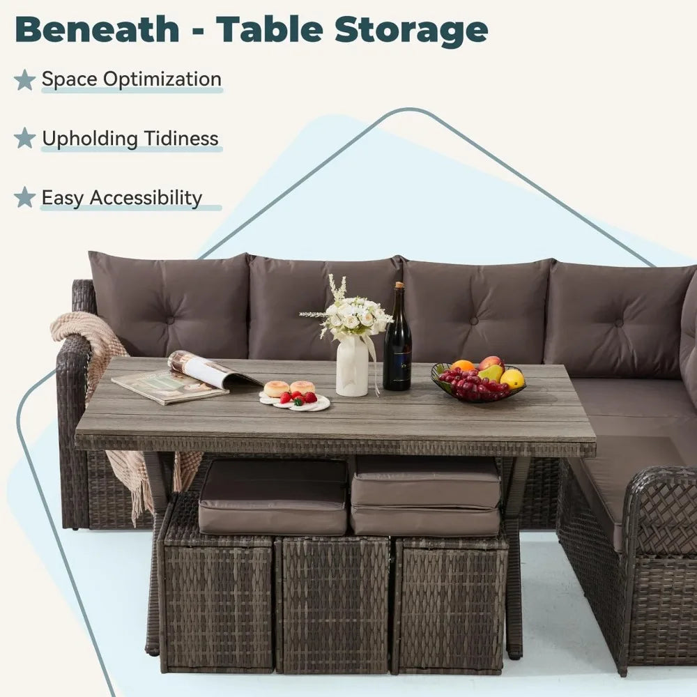 7 Pieces Patio Furniture Sets, Outdoor Dining Set, Patio Dining Sets with HDPE Table & Chairs, Ottamans for Garden, Deck(Light G