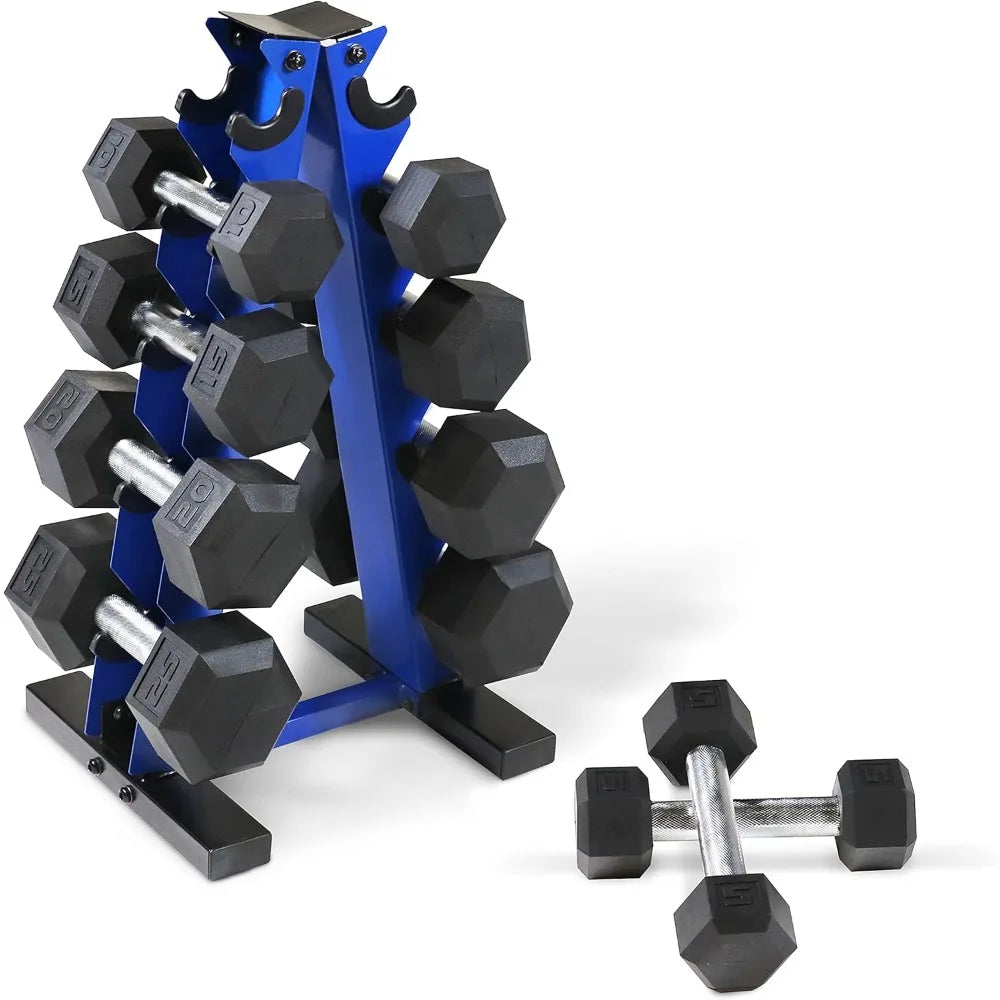 Rubber-Coated Hex Dumbbells Set 5-25Lb with A-Frame Storage Rack for Strength and Muscle Toning