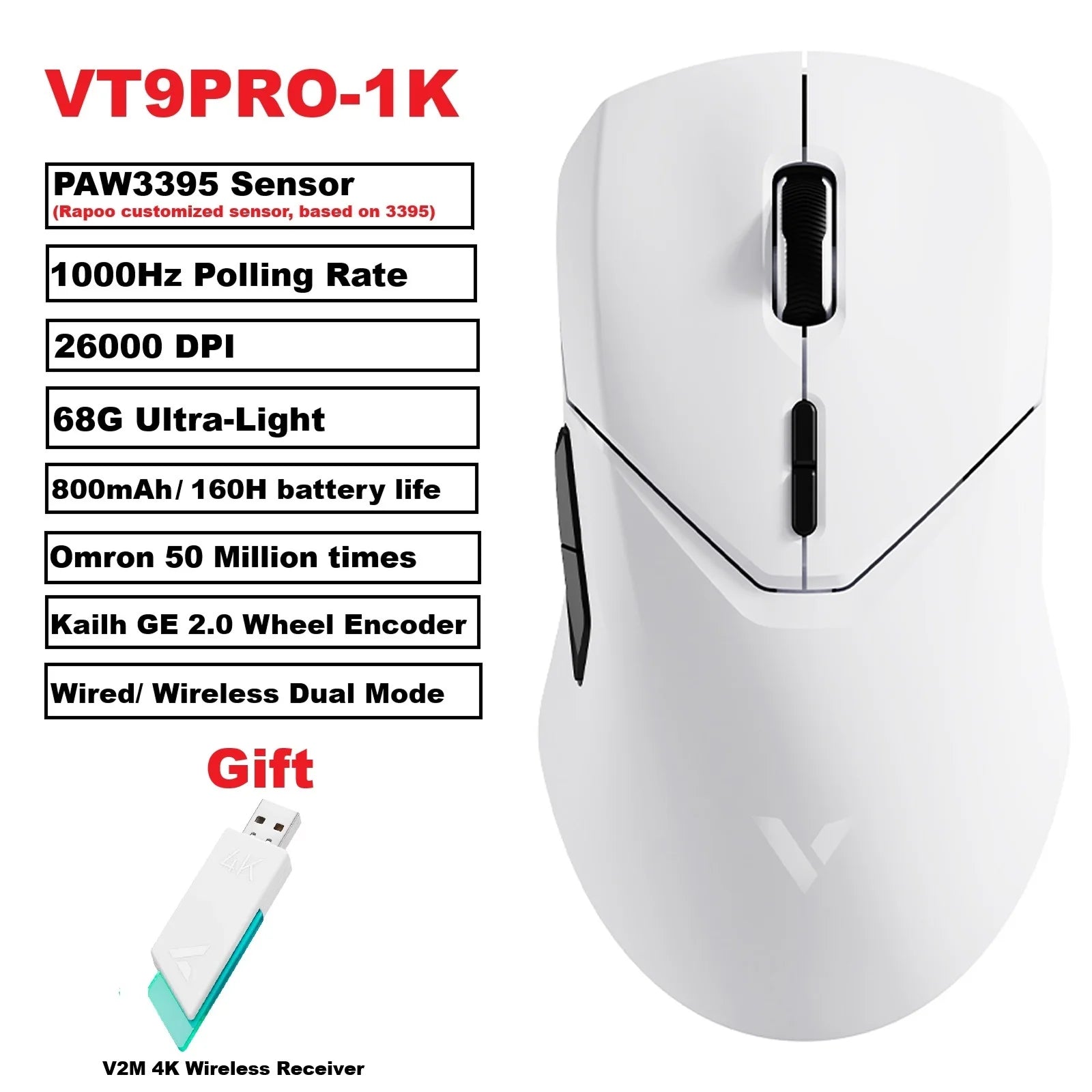 Безжична геймърска мишка Rapoo VT9PRO PAW3398, 26000DPI, 68g, лека, кабелна, безжична мишка, 160H, супер дълъг живот на батерията