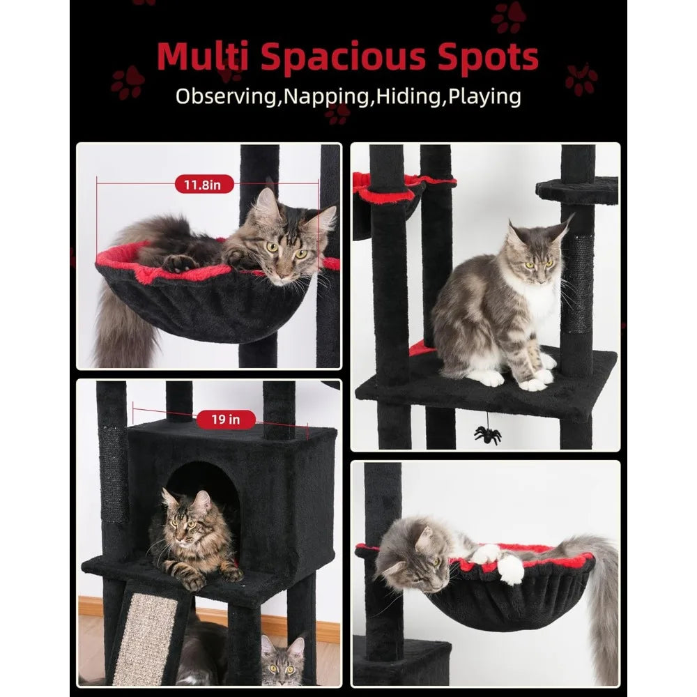 Gothic Floor to Ceiling Cat Tree for Large Cats, Large Perch Beds, Adjustable Halloween Tower [86''-108''=220-274CM], Corner Cli