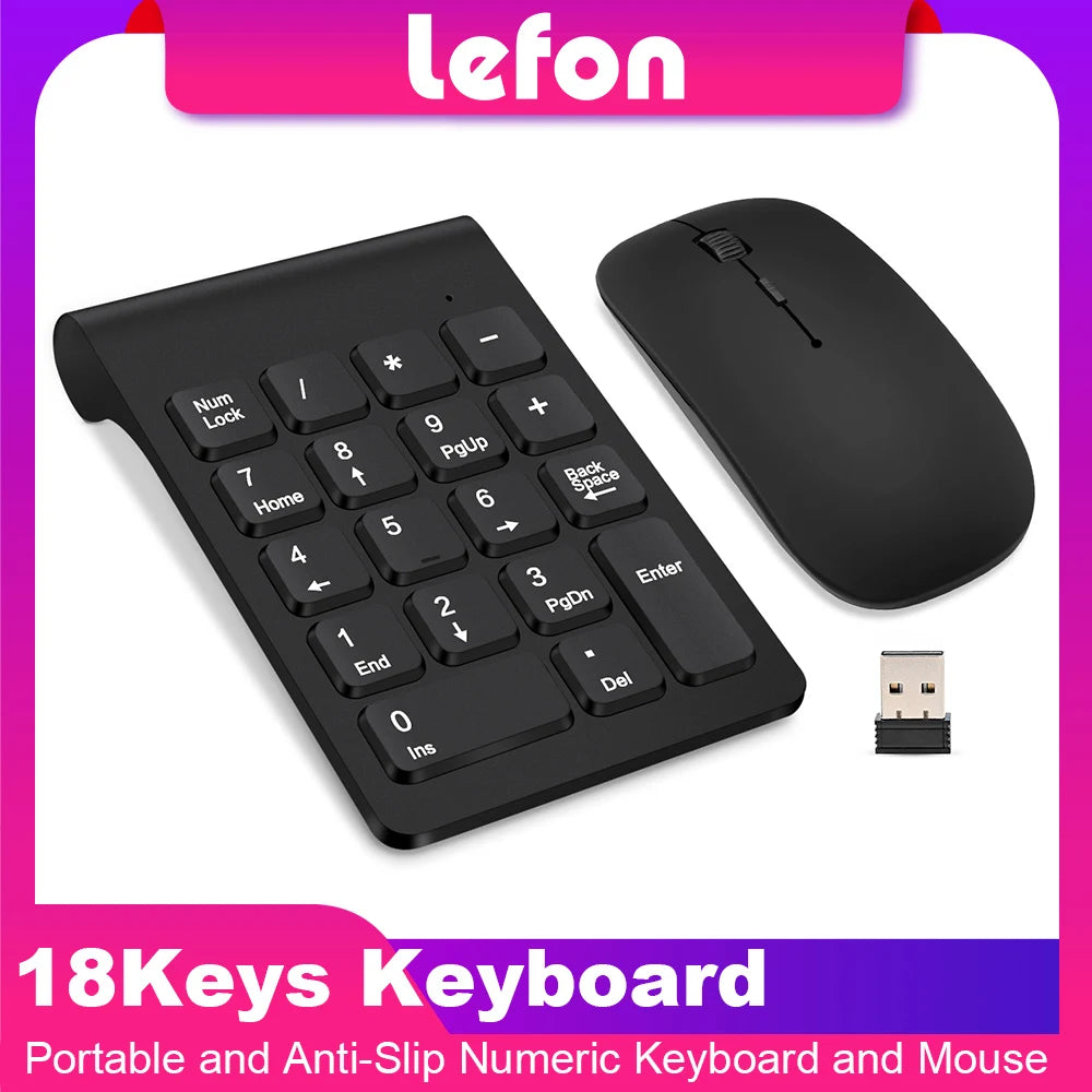 Lefon Wireless Numeric Keyboard 18 Keys Mini Digital Number Pad Keypad Accounting Bank Keypad Mouse Set For PC Laptop Notebook