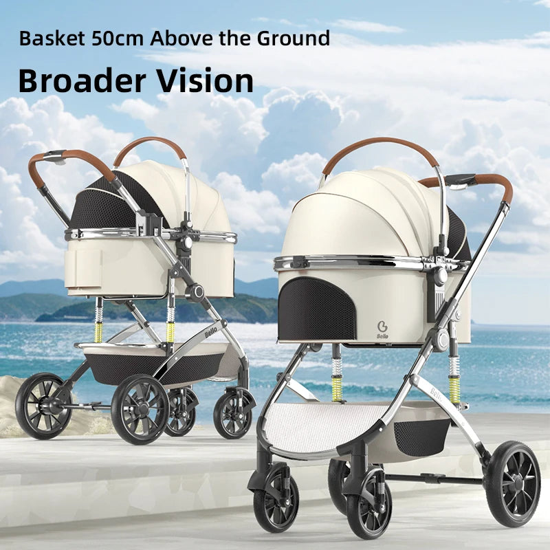Bello Luxus-Haustier-Kinderwagen, moderner, abnehmbarer mittlerer und großer Wagen, Aluminiumlegierung, Katzen-/Hunde-Parm-PU-Räder