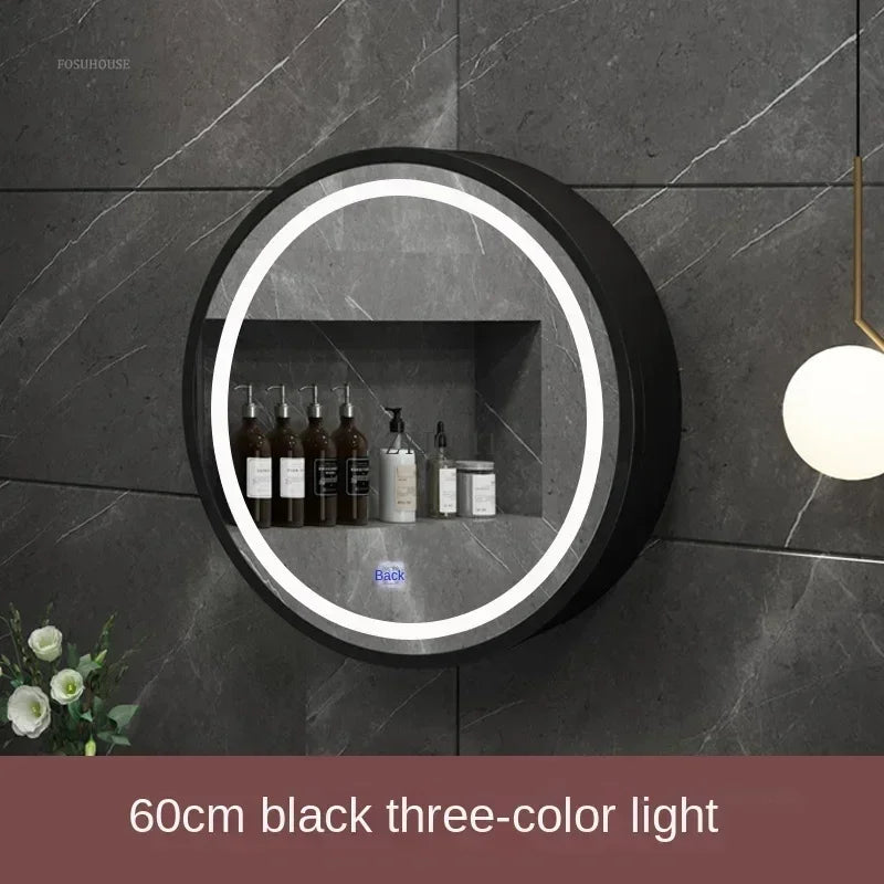 Nordic LED Smart Bathroom Mirror Cabinets Solid Wood Oval Bathroom Wall Hanging Round Vanity Mirrors with Storage Shelf b