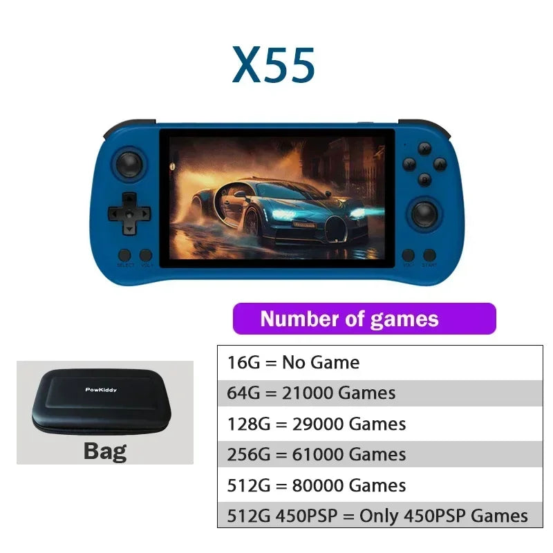 POWKIDDY X55 Retro Handheld Game Console 5.5 INCH 1280*720 IPS Screen RK3566 HD Linux Open-Source 90000 Games PSP Game Boy Gifts