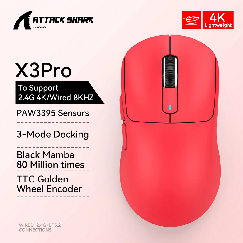 Геймърска мишка Attack Shark X3 Bluetooth, PixArt PAW3395, 26000dpi, 2.4g безжична трирежимна връзка, лека макро мишка