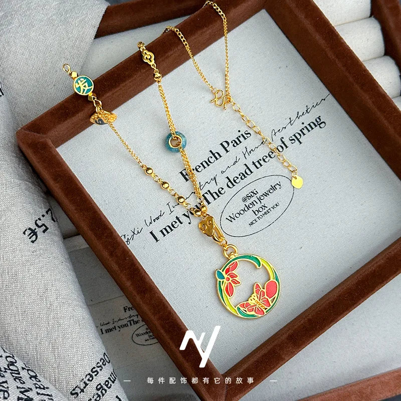 New Chinese Style 9999 24K Real Gold High Enamel Flowers Butterfly Pendant Necklace Design Orchid Butterfly Collarbone Chain
