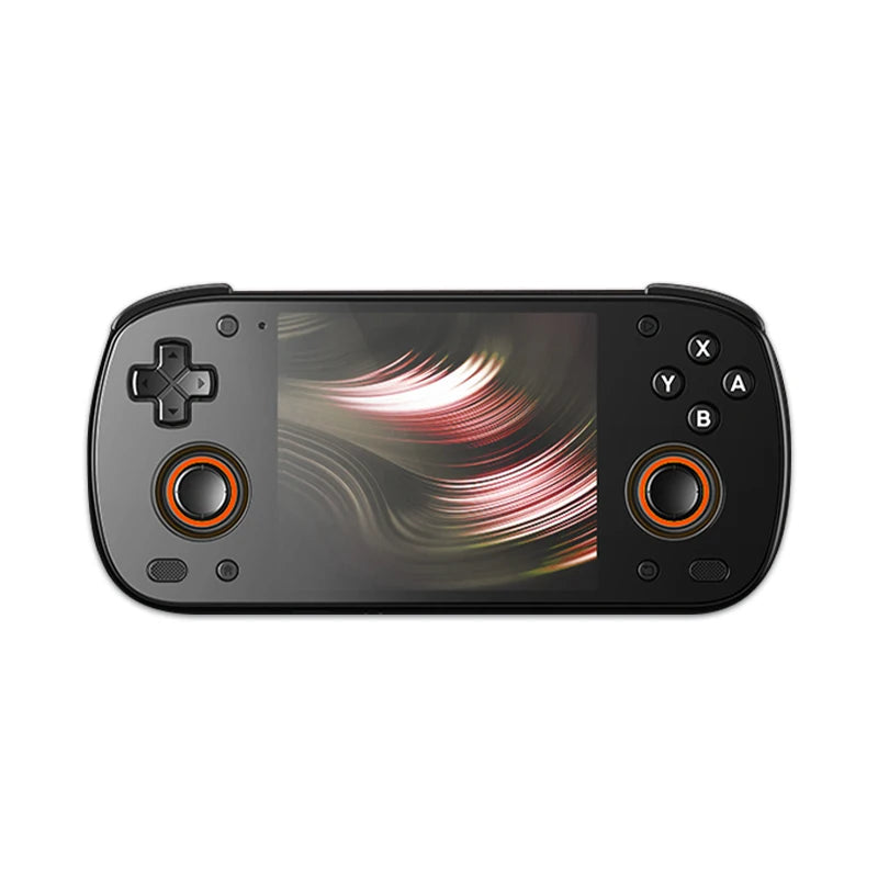 Black handheld gaming console with colorful display on a white background