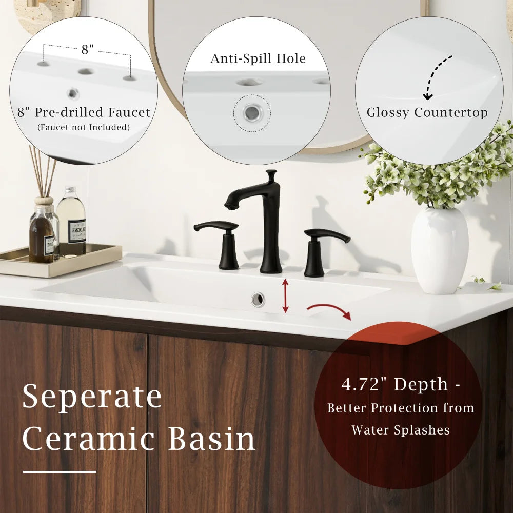 36" Modern Bathroom Vanity with Rectangle Ceramic Sink, Bathroom Cabinet with Large storage space and 45 Degrees Free-Handle