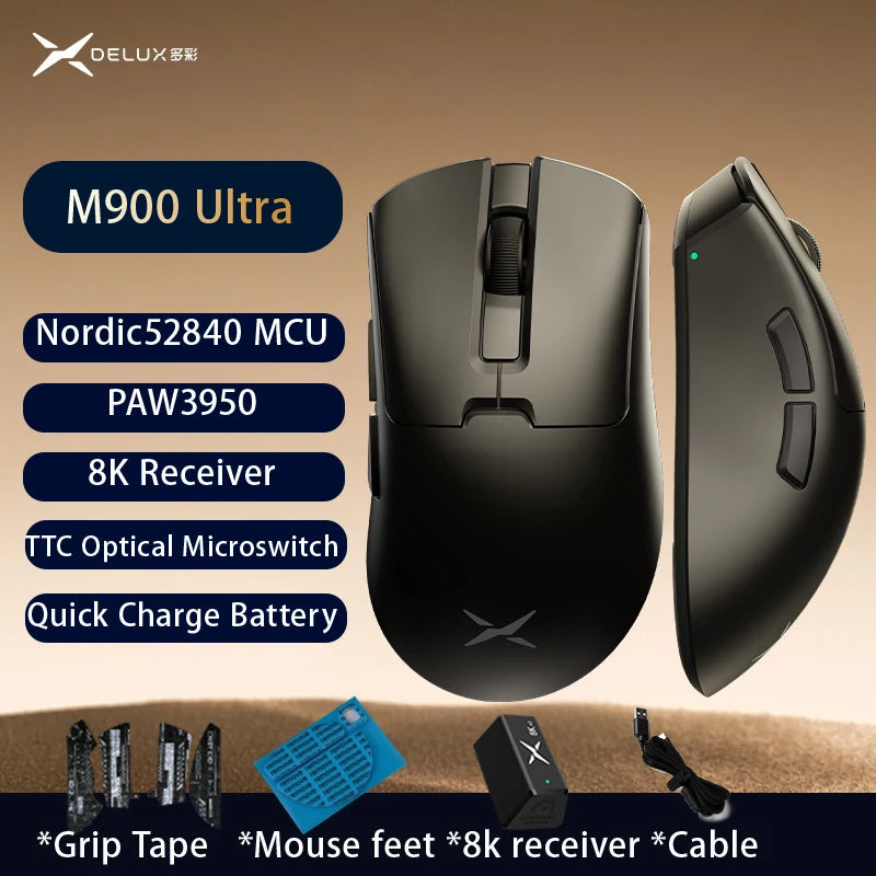 Delux M900PRO Ultra-light Version Wireless Gaming Mouse Ergonomic 1K/8K Polling Rate 50g PAW3395 for Right Big Hand PC Gamer