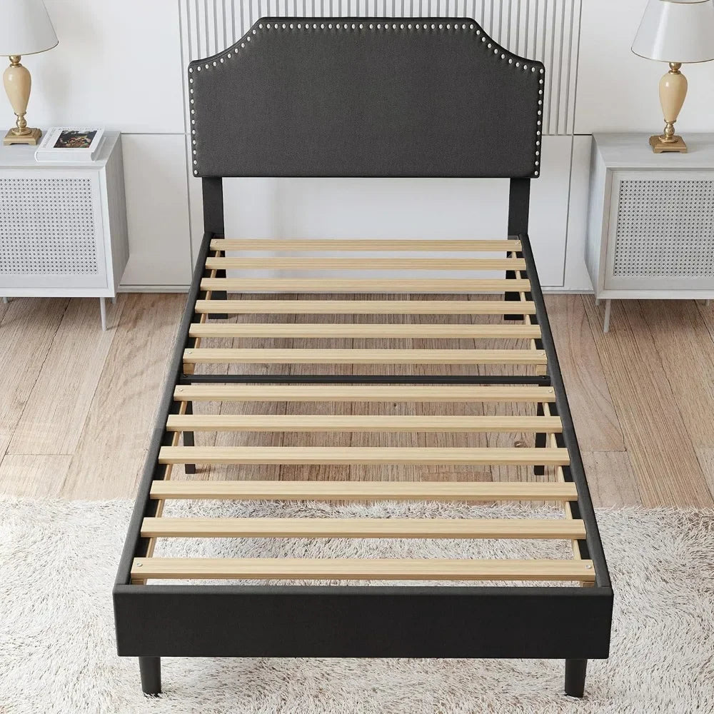 LIKIMIO Upholstered Platform Twin Bed Frame with Nailhead Trim Headboard, Height Adjustable, No Box Spring Needed, Noise-Free, G