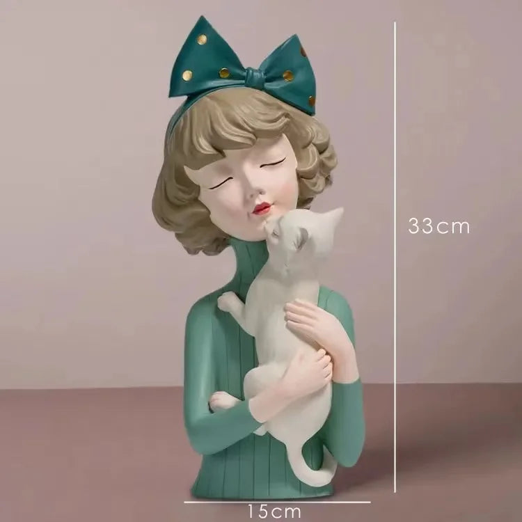 Modern Nordic Bow Girl Hold Cat Hold Dog, Room Decoration Accessories, Dressing Table Crafts, Statue, Sculpture, Birthday Gift