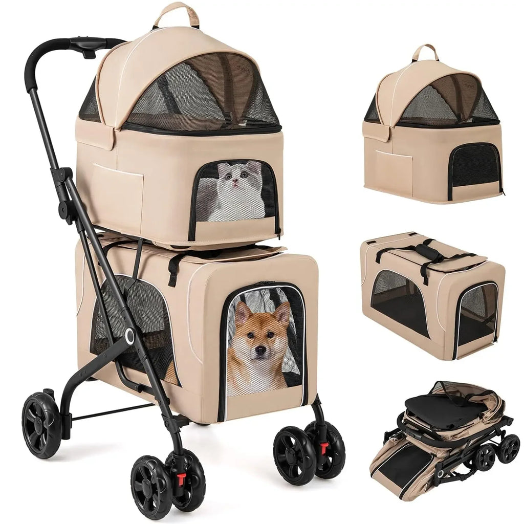 Doppelter Hundebuggy, Abnehmbare Babywanne, Sicherheitsgurt, 4 Feststellbare Räder, Reisebuggy für Haustiere, Faltbarer Katzenbuggy