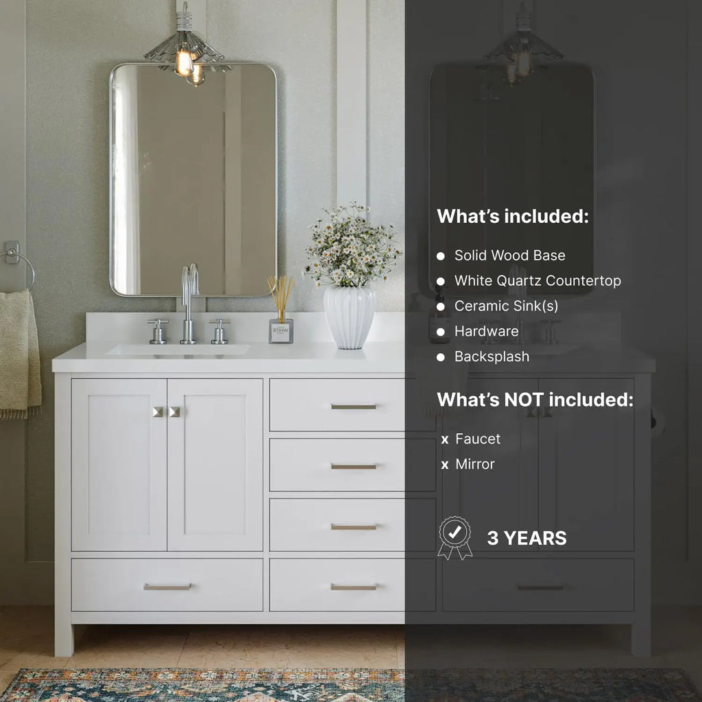 Cambridge White Double Sink Bathroom Vanity 73" with 1.5" Edge Pure White Quartz Countertop & Splash, Rectangle Sink