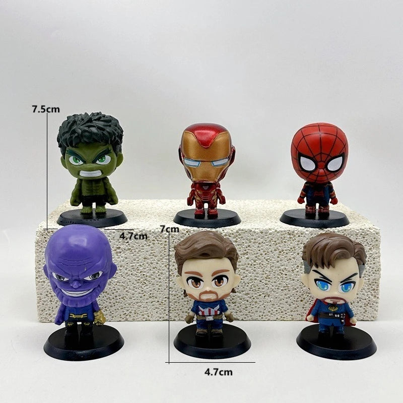6pcs/set Marvel The Avengers Steve Rogers Iron Man Spider-Man Q Ver. PVC Action Figure Anime Figure Car Decoration Model Toys