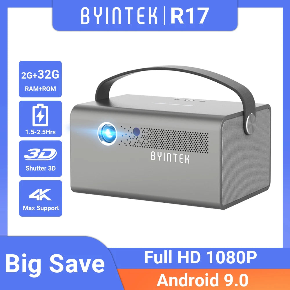 BYINTEK R17 Projector 4K Smart 3D Android WiFi Portable DLP Mini Projector Full HD 1080P 750ANSI Lumens 6D Keyston With Battery