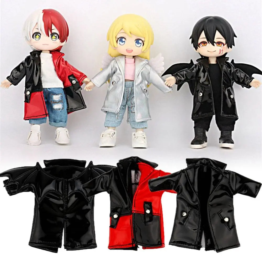 Fashion Clothes for OB11 BJD Dolls PU Leather Jacket Coat Doll Long-sleeved Coat for 1/11 1/12 bjd Doll Casual Clothes