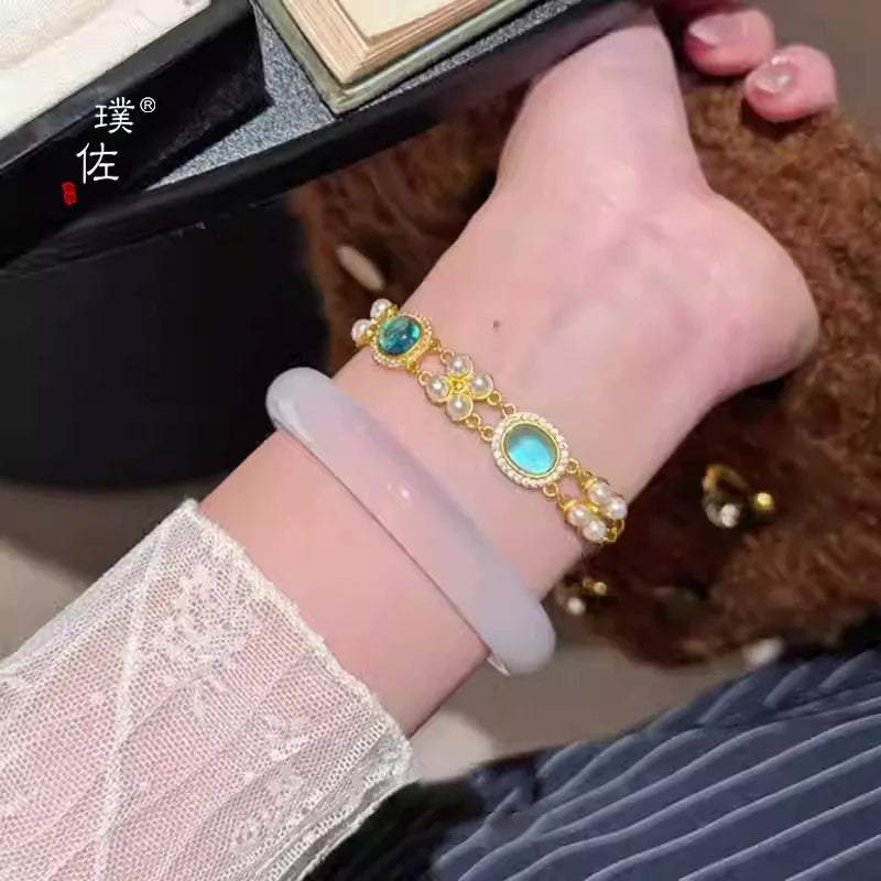 9999 24K real gold Double-layer Pearl Traditional Chinese style court bracelet for women with a light luxury temperament