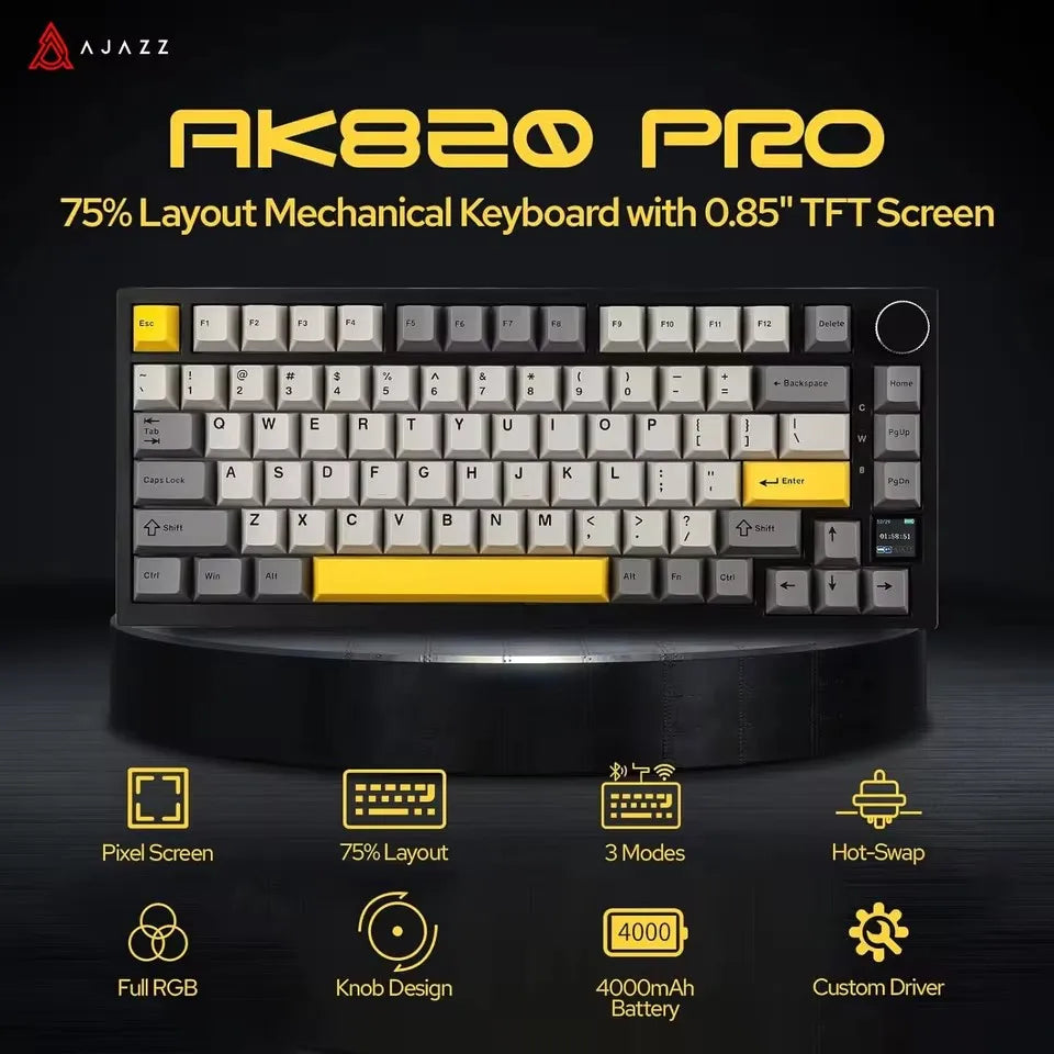 Ajazz AK820 Pro Gaming-Tastatur mit Magnetschalter, Dichtungsmontage, Bluetooth 5.1/2.4G Wireless/Typ-C, kabelgebunden, TFT-Bildschirm für Mac/Win