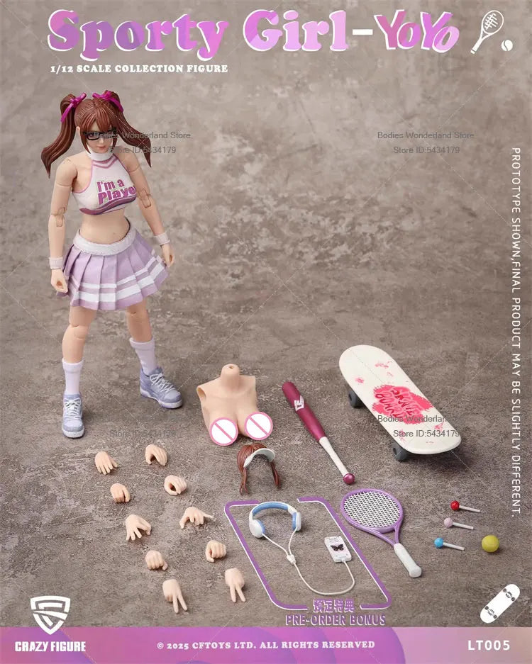 Original CFTOYS LT005 1/12 Scale Female Soldier Sporty Girl YoYo With Baseball Skateboarding 15CM Action Figure Doll Collection