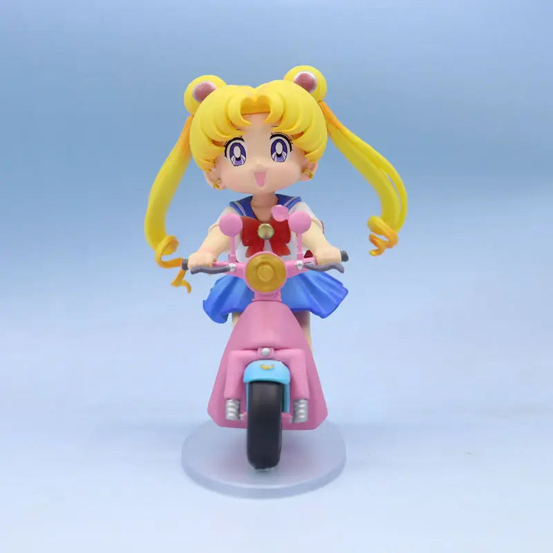 13cm Sailor Moon Anime Figure Q Version Tsukino Usagi Ride A Bike Figurine Collection Desktop Decor Ornament Doll Kids Toy Gift