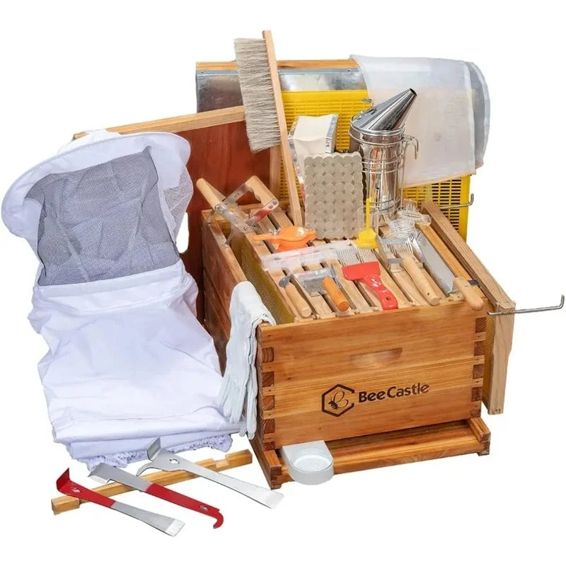 10-Frame Bee Hive Starter Kit with 100% Beeswax Coating - Complete Beekeeping Supplies for Beginners