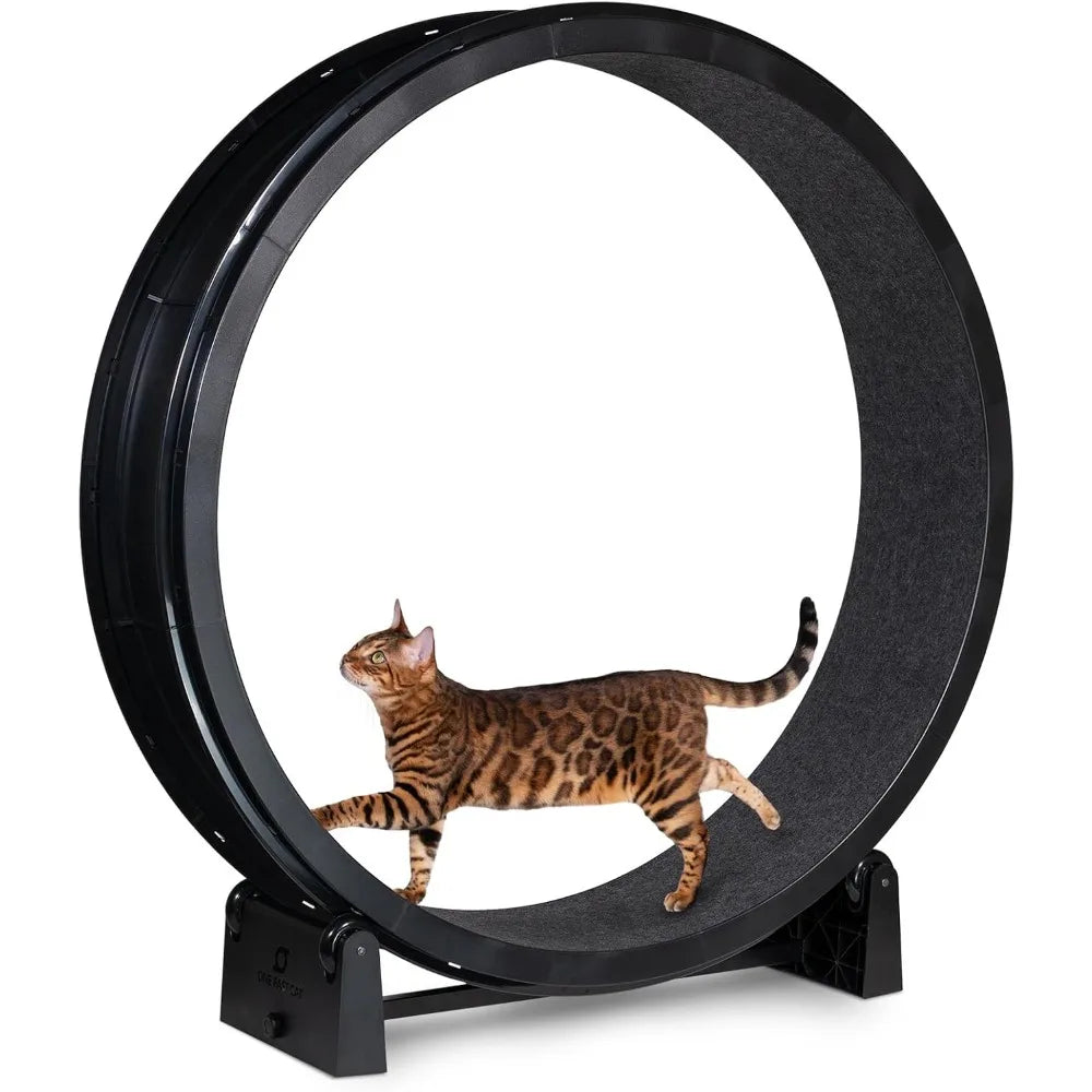 Cat Exercise Wheel -  48" Safe Diameter - Made in The USA - Black Wheel with Black Felt Traction Pads and Solid Inline Wheels