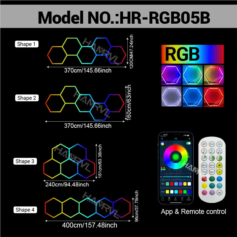 RGB Hexagon LED Lighting Colorful Change Dimming Deco Light for Car Garage Gym Party Club Stage Gaming Sound pickup Wall Ceiling