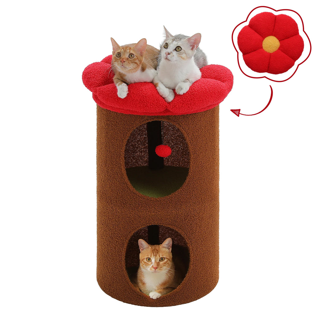 Flower Cat House with Pompom Ball, Double-Deck, Large Cat Condo, Bed with Soft Flower Perch, Spacious Cozy Condo for Multi Cats