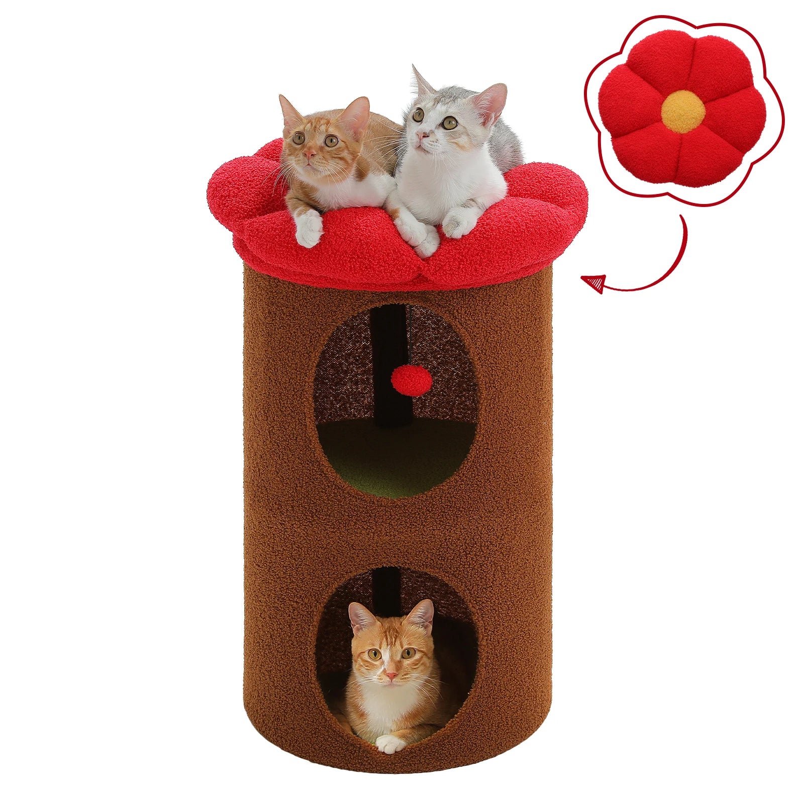 Flower Cat House with Pompom Ball, Double-Deck, Large Cat Condo, Bed with Soft Flower Perch, Spacious Cozy Condo for Multi Cats