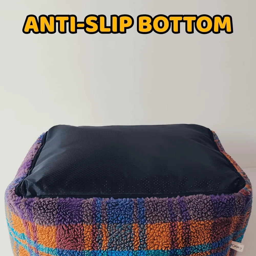 "cozy plaid cat and small dog sofa bed with self-warming feature for indoor use"