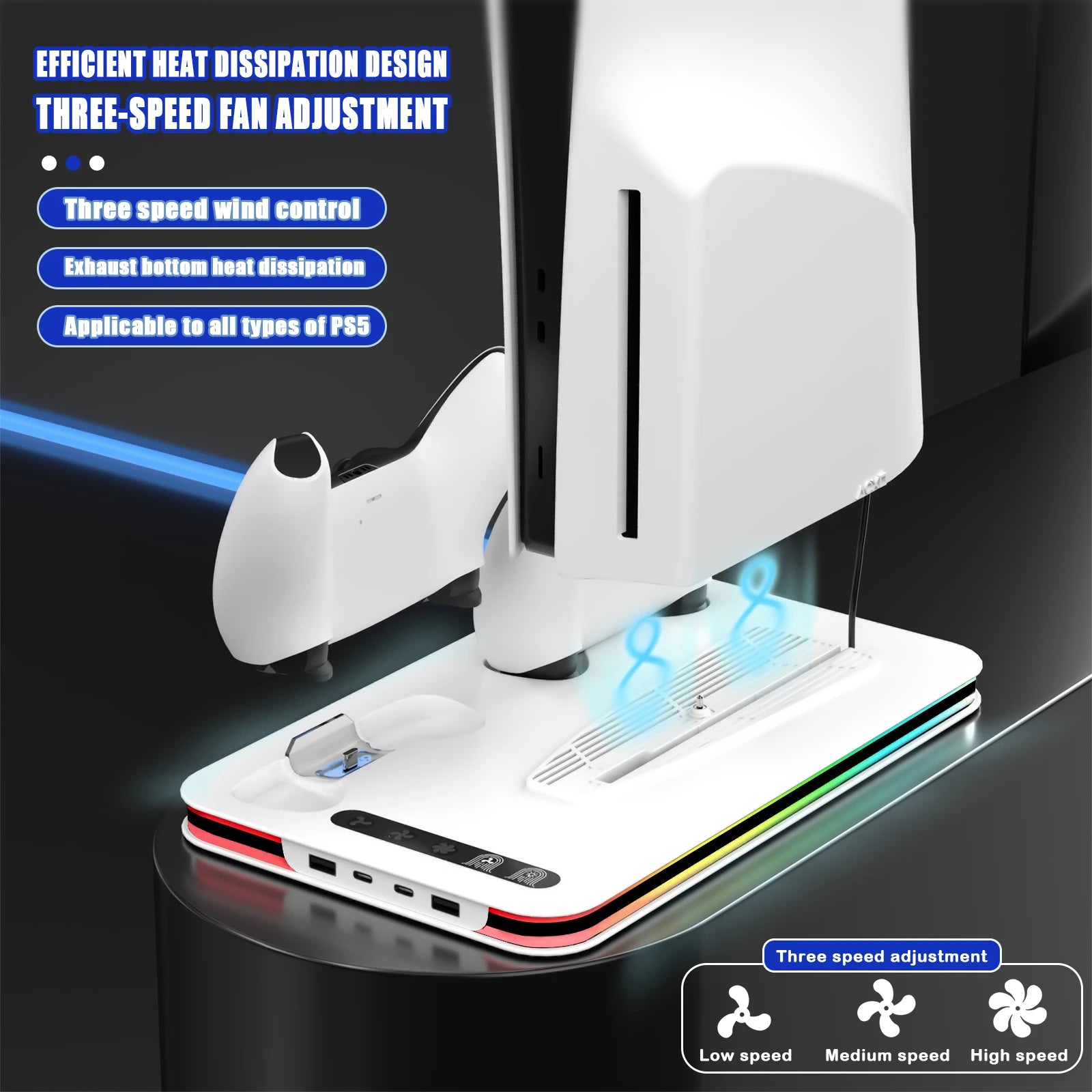 New 4-in-1 Cooling Stand For PS5/PS5 SLIM/PS5 PRO Charging Of dual Controllers  Adjustable RGB Lights With Disc Storage Holde