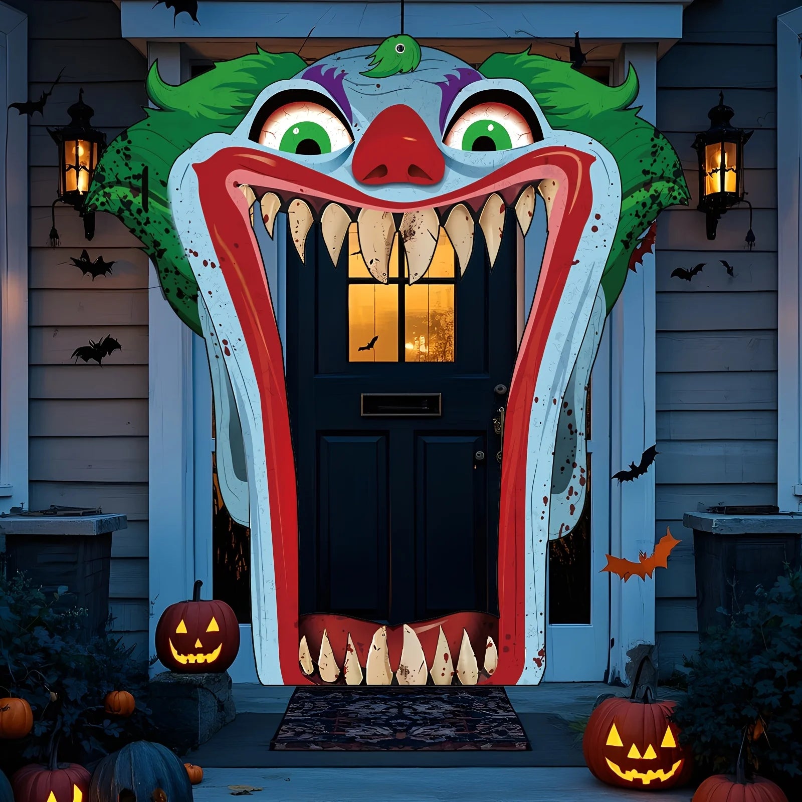 2D банер за врата, голяма декорация за врата с ужасяващ клоун за Хелоуин - кървав нож и зловеща усмивка, подходяща за партита 2026