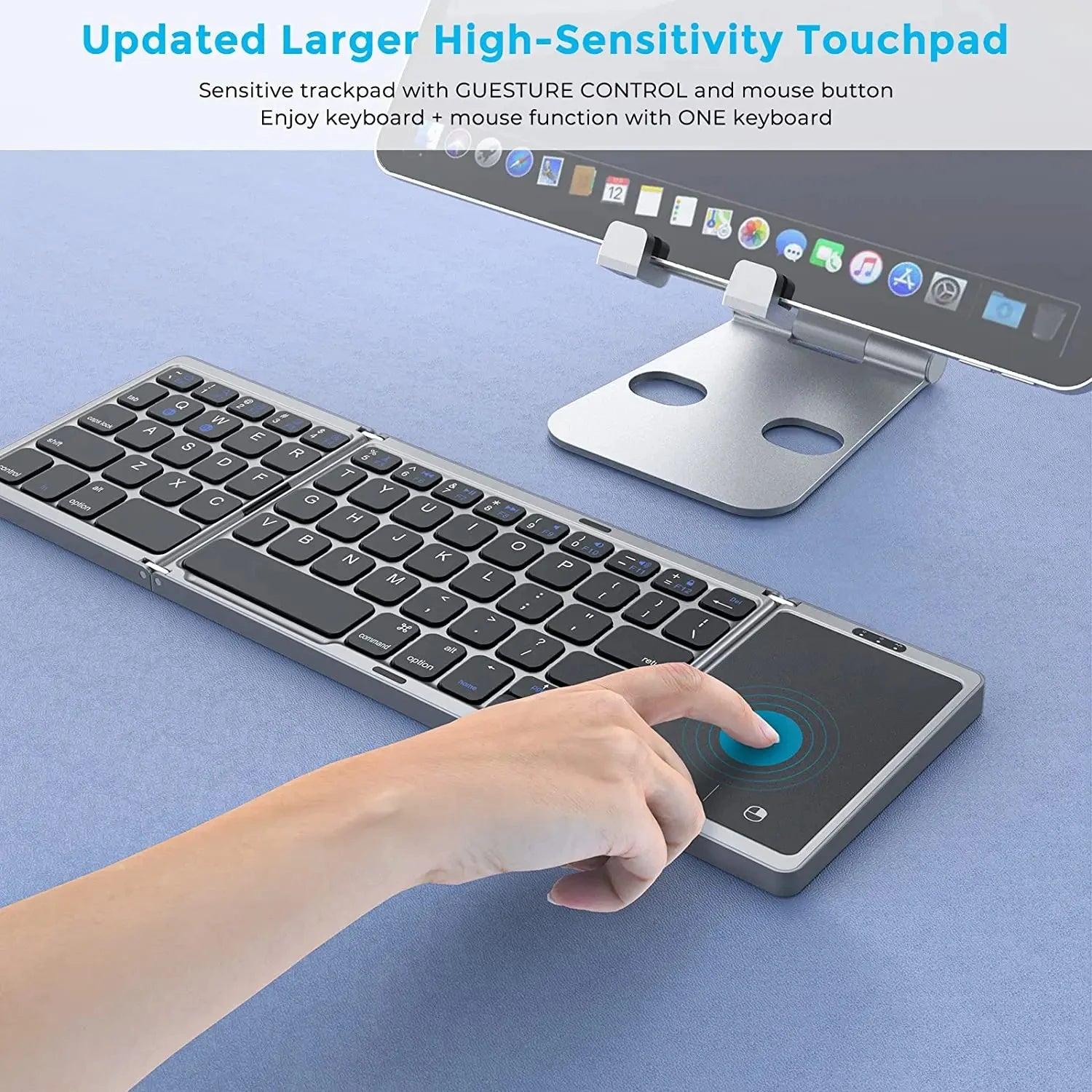 Dual Bluetooth 5.1 Keyboard 3-Folding Mini Keyboard Rechargeable Foldable Keyboard with Touchpad for Windows Android IOS iPad