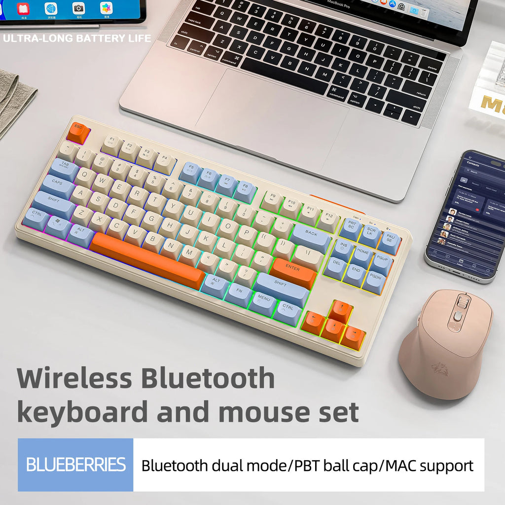 M87 Wireless Keyboard and Mouse Combo, Bluetooth Dual Mode, PBT,Backlit,Rechargeable Keyboard Mouse Kit for Silent Office Gaming
