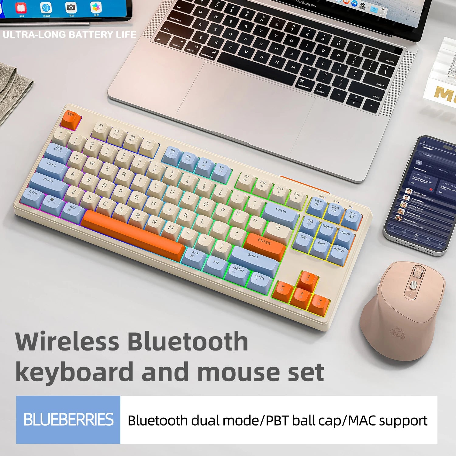 M87 Wireless Keyboard and Mouse Combo, Bluetooth Dual Mode, PBT,Backlit,Rechargeable Keyboard Mouse Kit for Silent Office Gaming