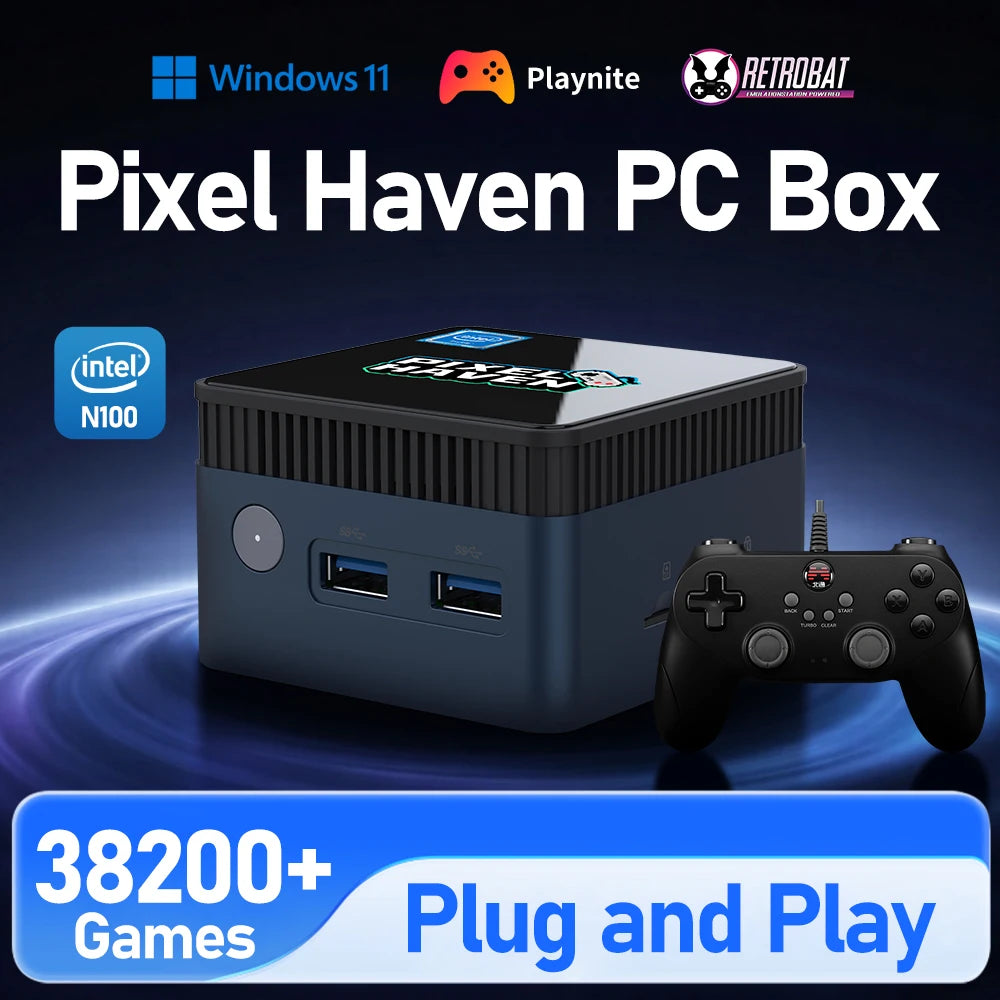 JMachen Pixel Haven Mini PC Box  Intel N100 with 38200+Games for PS3/2/1/PSP/MAME/Wii Plug and Play Windows 11&Retrobat&Playnite