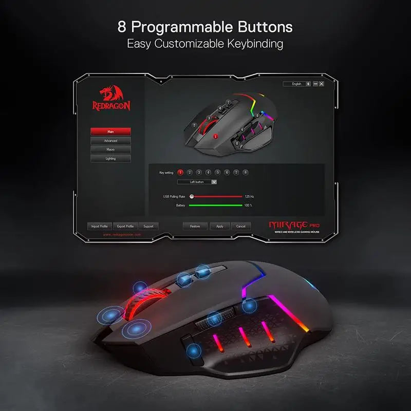 Redragon M690 PRO Kabellose Gaming-Maus, 8000 DPI, kabelgebundene Maus, Rapid Fire Key, 8 Makro-Tasten für PC/Mac/Laptop, schwarz/weiße Maus