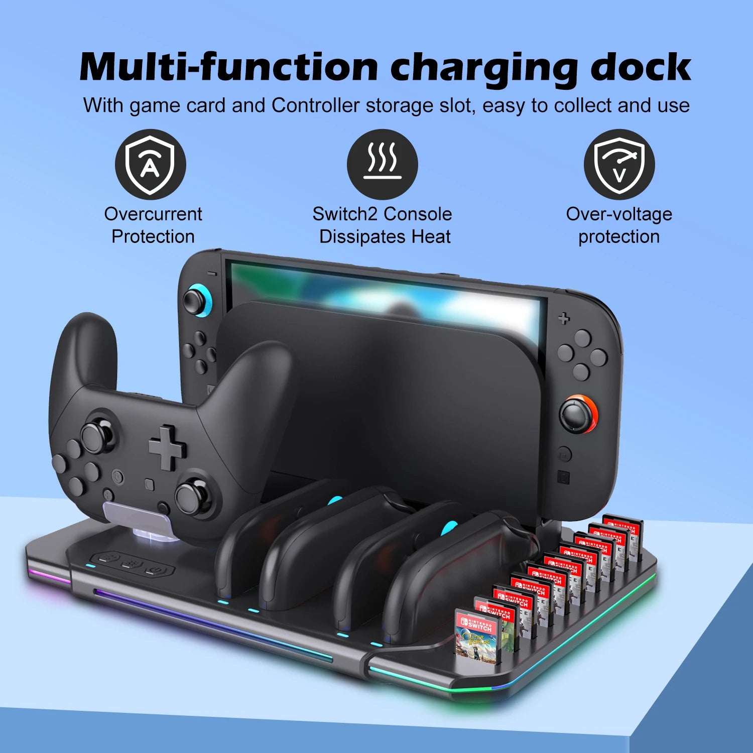 Multi-functional Cooling & Charging Stand SW2139 for Switch 2 with Cooling Fan,10 Game Card Slots & Offering 9 Adj Light Effects