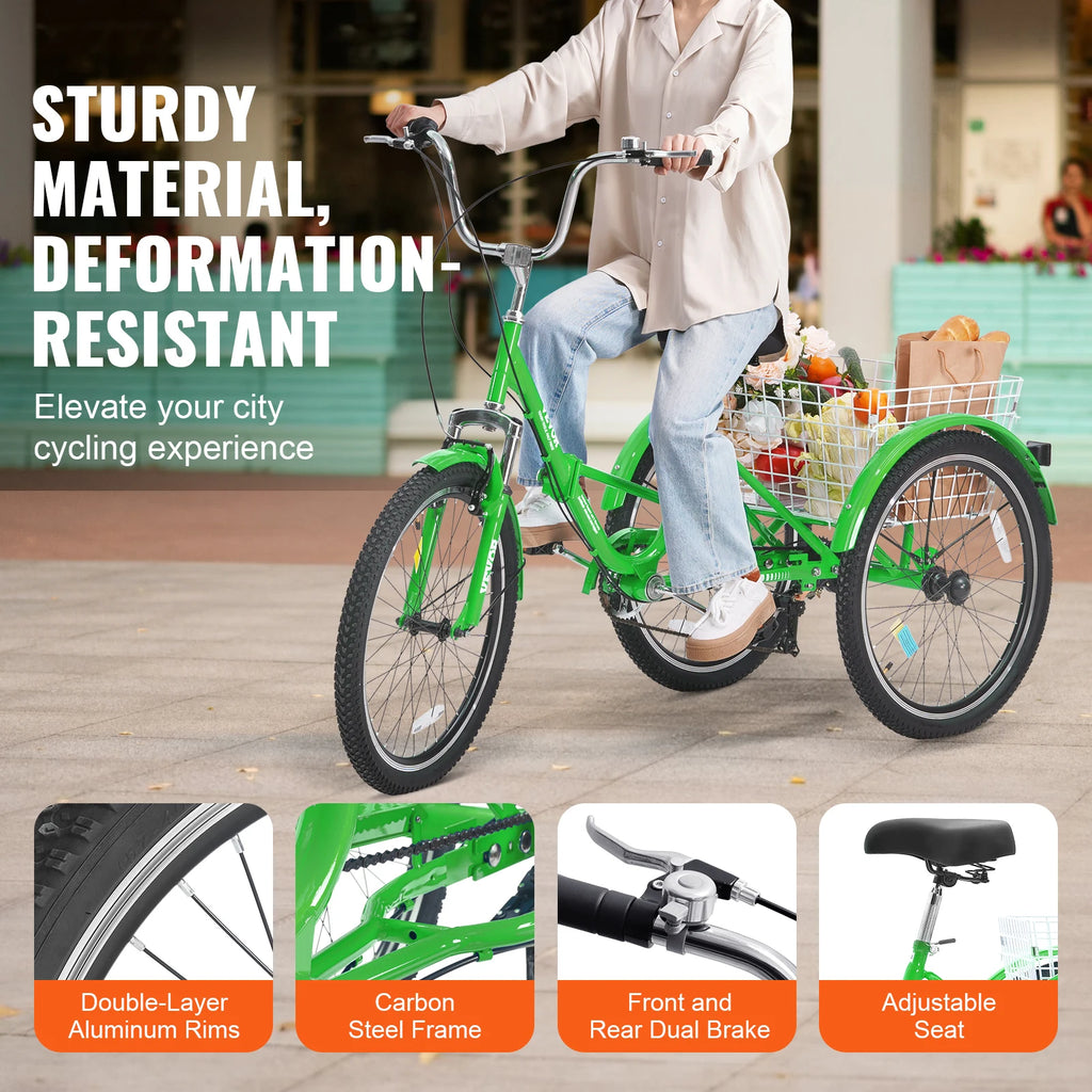 SucceBuy 20-26inch Folding Adult Tricycle 7 Speed Carbon Steel 3 Wheels with Basket Adjustable Seat Shopping Picnic For Seniors