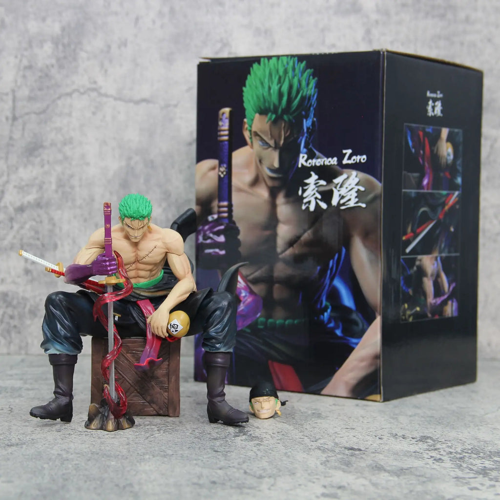 15cm One Piece Zoro Anime Figures Sit Roronoa Zoro Action Figurine 2 Heads Pvc Statue Room Collection Model Decoration Toys Gift